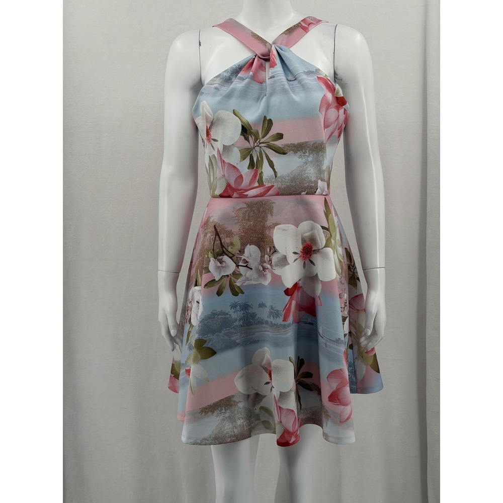 Ted Baker Dress Womens 2 US 6 Blue Pink Floral Tropical Umerta Knot Skater Vacay